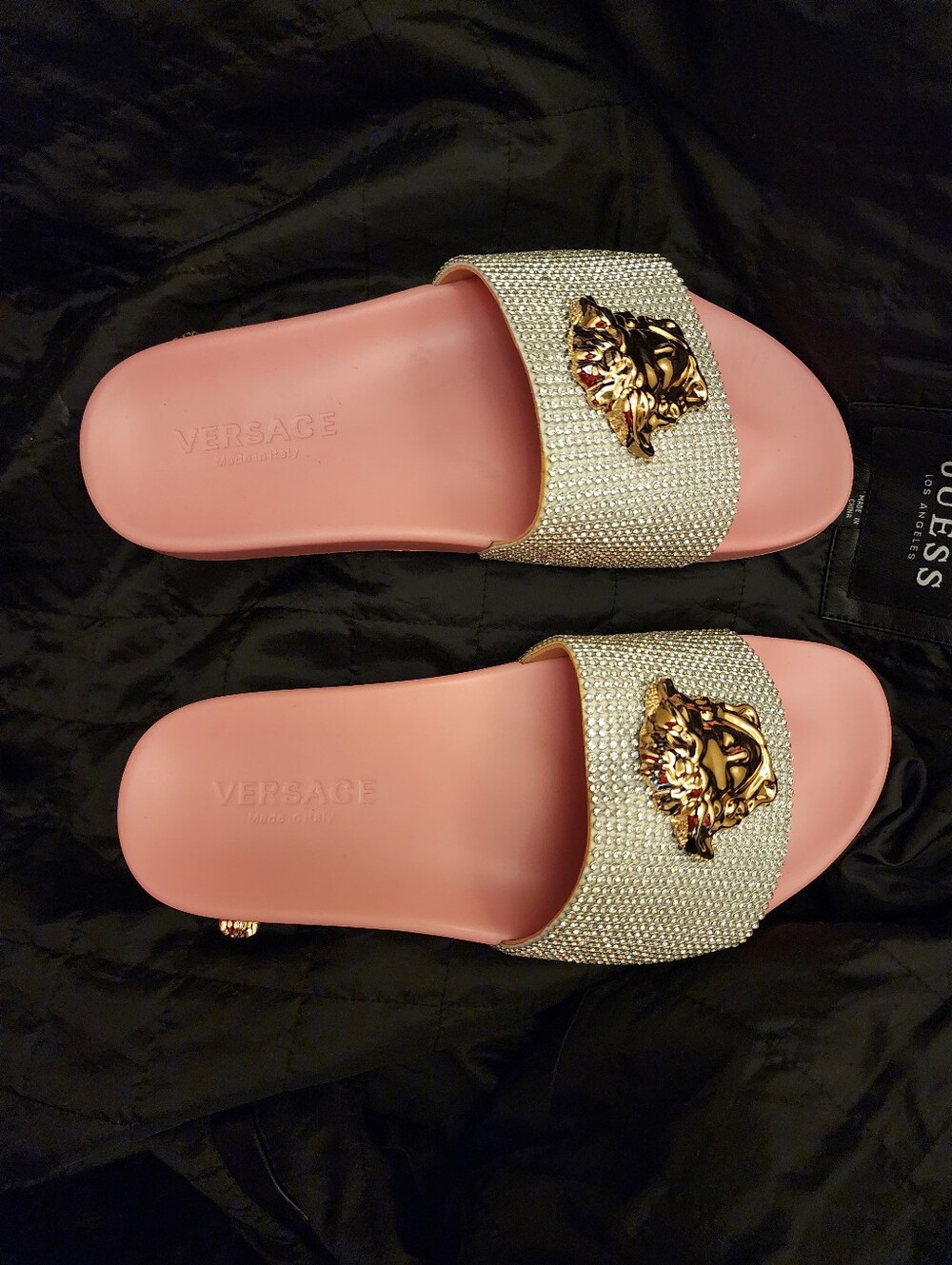 Versace Pink Crystal-Embellished Medusa Slide Sandals with Gold Emblem